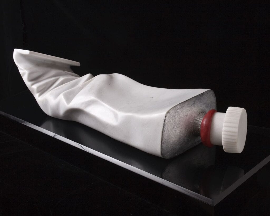 Tube: marble, steel and silver leaf; Cap: carved marble